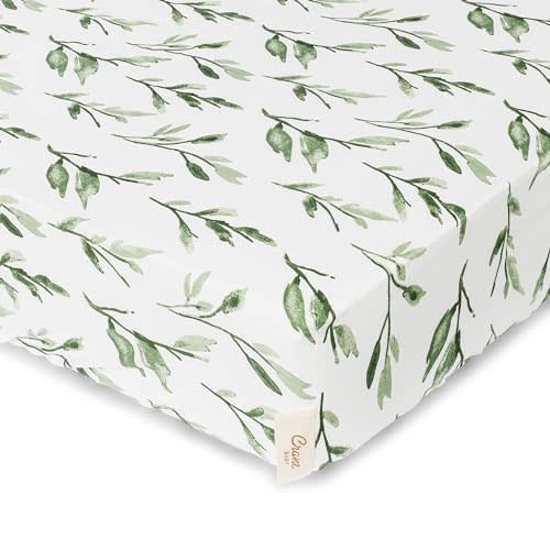 Crane Baby Soft Cotton Crib Mattress Sheet, Fitted Sheet for Cribs and Toddler Beds, Green Leaf, 28”w x 52”h x 9”d