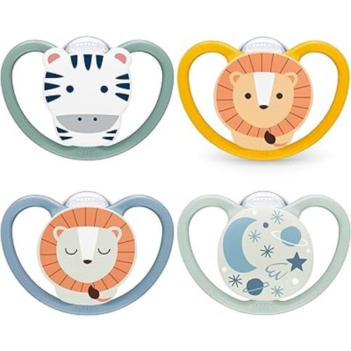 NUK Space Day & Night Baby Dummy | 18-36 Months | Glow-in-The-Dark Soothers with Extra Ventilation for Sensitive Skin | BPA-Free Silicone | Zebra & Lion | 4 Count