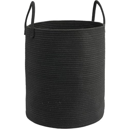 JUNBOLE Woven Cotton Rope Laundry basket-15”X20” Laundry Hamper-Rope Storage Basket for Dirty Clothes, Toys and Blankets Perfect for Bathroom, Baby nursery and Living Room Storage (black)