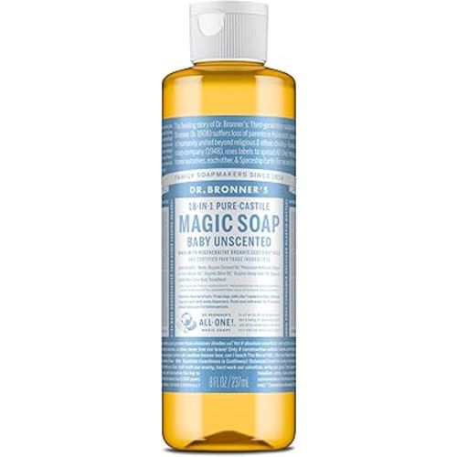 Dr. Bronner's Pure-Castile Magic Liquid Soap (Baby Unscented, 8 Ounce)- Made with Organic Oils, 18-in1 Uses: Face, Body Wash, Baby Soap, Sensitive Skin, No Added Fragrance, Vegan, Non-GMO
