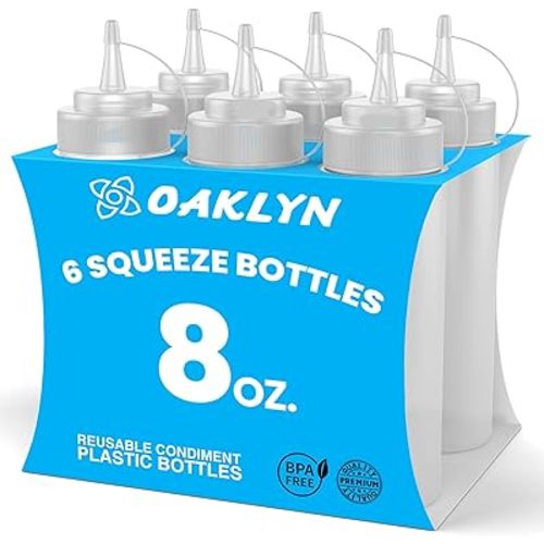 Oaklyn Squeeze Bottles 8oz 6 Pack - Reusable Condiment Bottles for Sauces Liquids BPA-Free Leak Proof Design, Easy to Clean Plastic Squeeze Bottles with Nozzle