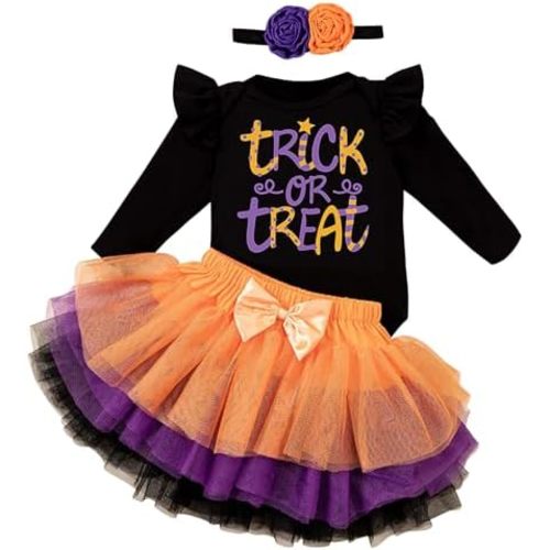 Kunyeah 3Pcs Baby Girl First Halloween Outfit Infant Romper Dress Bow Tutu Skirt with Headband Newborn Thanksgiving Bodysuit