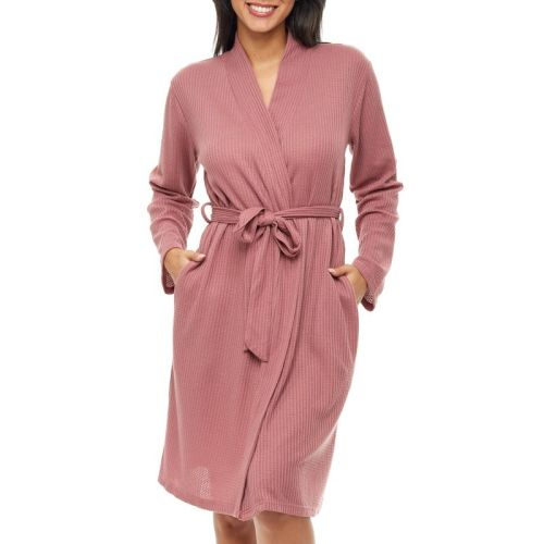 Adr Women's Ribbed Knit Wrap Robe With Pockets, Lightweight Bathrobe Rose Medium