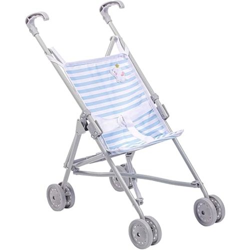 JC Toys Boutique | Folding Umbrella Doll Stroller for Children 2 Years Plus, Blue Stripes and Soft Embroidery | Sturdy Metal Frame | Pretend Play with Dolls up to 18” Long | Seat Belt