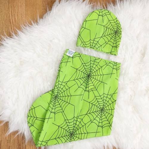 Original Cocoon Swaddle Sack + Beanie Hat Set in Halloween Green Black Cobwebs, Spider Webs, Spiderman