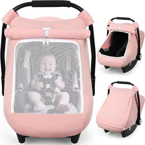 Rquite Car Seat Cover Baby, Carseat Covers Girl Boy, Breathable Muslin Cotton, Large Mesh Window, Infant Car Seat Canopy Baby Carrier Cover Stroller Sun Shade for Summer & Hot Day, Pink