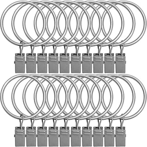 20 Pack Curtain Rings with Clips 1.5" Interior Diameter,Metal Drapery Clips with Rings,Curtain Clips,Strong Vintage Decorative Rustproof Drapery Ring with Hooks for Bathroom,Bedroom(Matte Silver)