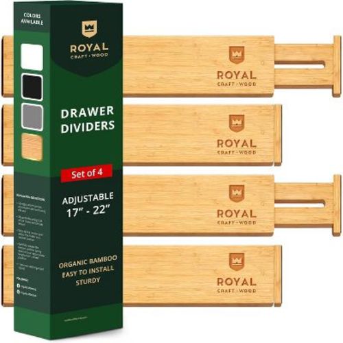 Adjustable Bamboo Drawer Dividers Organizers (17 - 22") - 4-Pack Expandable Drawer Organization Separators for Kitchen & More - Royal Craft Wood