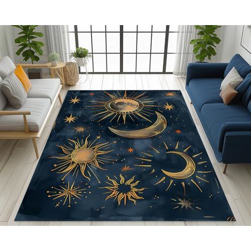 QZLFQ Stars and Moon Star Area Rug Solar System Constellation Area Rug Stars and Moon Blue Night Sky Print Pattern Floor Mat Suitable for Bedroom and Living Room Decorative Floor Rug 24x35.5 inches