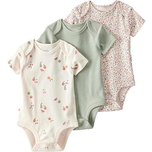 little planet by carter's Baby 3-Pack Short Sleeve Bodysuits made with Organic Cotton, Mint, Sweet Cream, Fruit Print, 12M
