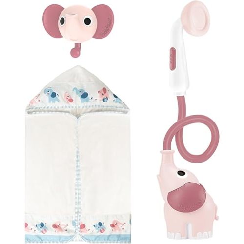 Yookidoo Baby Bath Elephant Shower Head Gift Set - Includes Hooded Towel & Hanger - Control Water from 2 Elephant Trunk Knobs for Max Fun in Tub or Sink Newborns, Toddlers, Boys, Girls (Blush Pink)