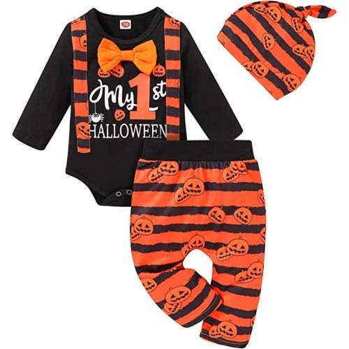 SEVEN YOUNG Thanksgiving /Christmas Outfits Infant Baby Boys Xmas Stripe Rompers+Turkey /Deer Pant Set Bodysuit Fall Clothes - 0-3 Months - My 1st Halloween Pumpkin