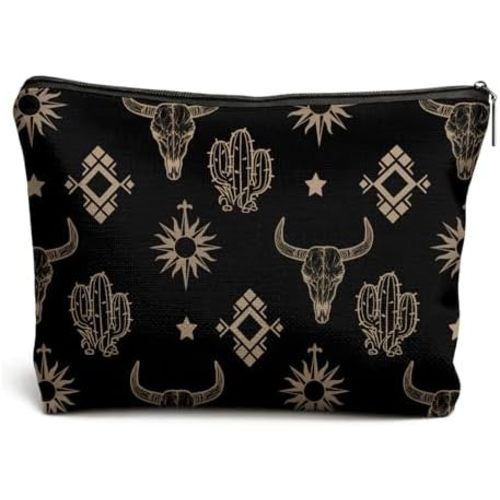 Western Aztec Makeup Bag, Boho Rustic Cow Skull Cactus Southwestern Cosmetic Bags for Women, Vintage Farmhouse Western Makeup Zipper Pouch