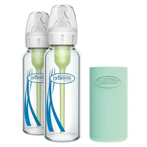 Dr. Brown's Natural Flow Anti-Colic Options+ Narrow Glass Baby Bottle 8 oz/250 mL 2 Pack with Level 1 Slow Flow Nipple and Silicone Sleeves for Glass Bottles, Mint