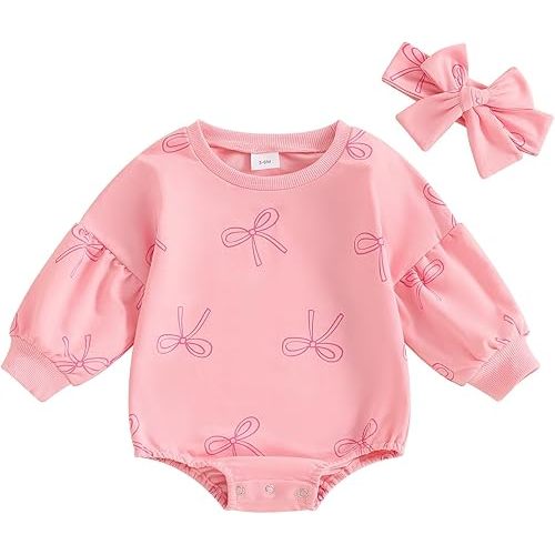 Infant Baby Girl Fall Clothes Outfits Long Sleeve Cute Bow Print Sweatshirt Bubble Romper Newborn Oversized Bodysuit