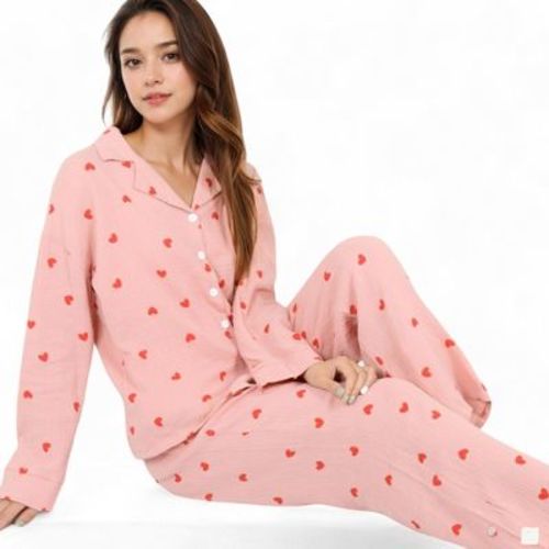 Anna-kaci Women's Button-up Pajama Set With Heart Print And Notched Collar - Medium, Pink