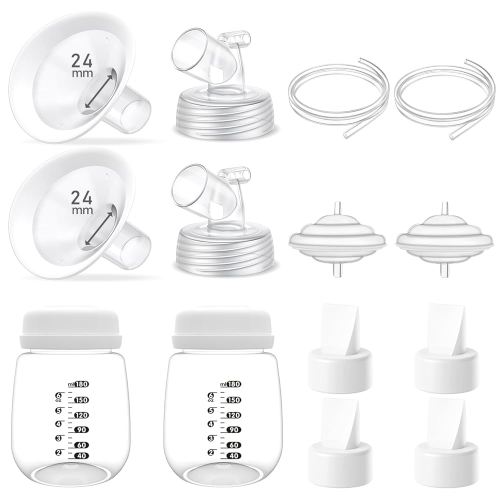 Full Breast Pump Parts with 24mm Oval Soft Rim Flanges and Wide-Mouth Base Connector for Spectra S2 S1 9 Plus SG, Medela, Lansinoh Pumps, Include Flange, Valve, Backflow Protector, Tubing and Bottle