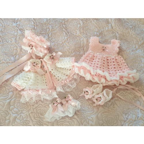Handmade dress cardi bonnet shoes and sock