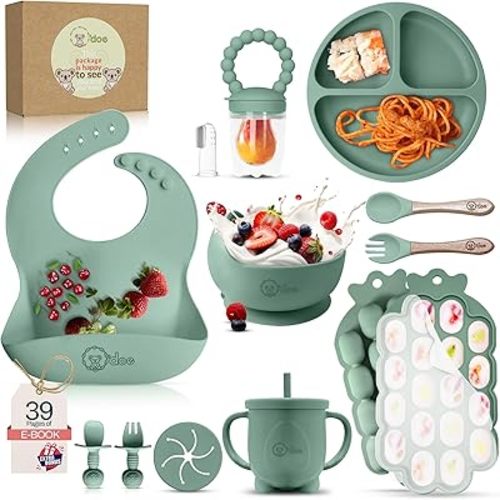O'doe Baby Weaning Set – 15 Pcs Silicone Baby Feeding Set with Suction Plate, Bowl, Bib, Sippy Cup, Fruit Feeder, Freezer Tray