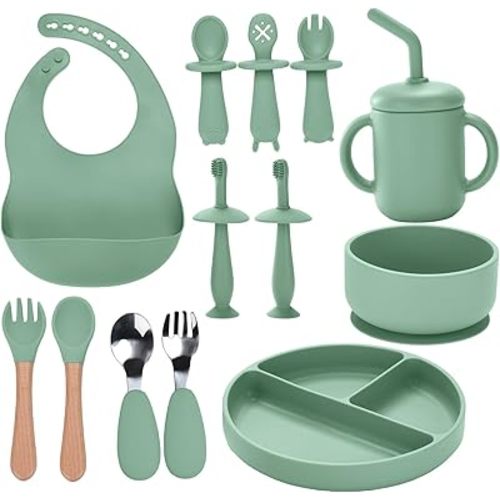 Silicone Baby Feeding Set,13PCS Baby Feeding Essentials with Suction Bowl and Plate,Spoons & Forks,Bib & Cup,Baby Toothbrush,Baby Led Weaning Supplies for 6+ Months,Baby Eating Essentials(Light Green)