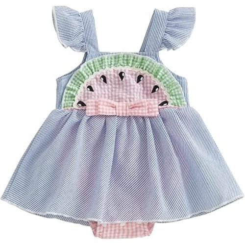 FIOMVA Baby Girl Summer Clothes Infant Stripe Watermelon Romper Dress Newborn Sleeveless Tutu Dresses Toddler Cute Outfit (A Stripe Watermelon Blue, 0-3 Months)