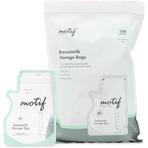 Motif Medical Breastmilk Storage Bags - Breastmilk Freezer Bags w/Easy Pour Spout, Write-On Label - Leak-Proof Double Zipper Milk Bags for Breastmilk - Breastfeeding Mom Gifts (6 oz, 100 Count)