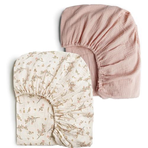 Konssy Muslin Crib Sheets for Girl Boy, 2 PCS Soft and Breathable Cotton Baby Sheets for Standard Crib Mattress, 52"x 28" (Floral, Pink)