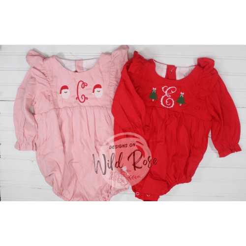 Personalized Pink and Red Christmas Romper Bubble| Monogram, initial, embroidery| Santa, wreaths, trees, candy canes, cute winter outfit
