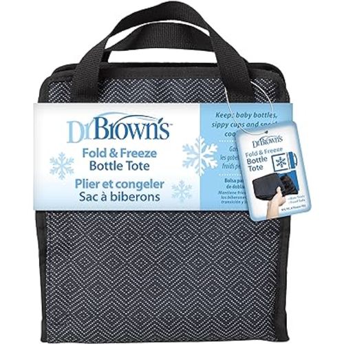 Dr. Brown's Fold & Freeze Bottle Tote, Travel Baby Bottle Insulated Cooler Bag, Store Up to 6 Baby Bottles, Black, BPA Free