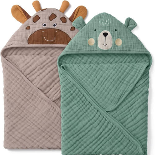 Blissful Diary Muslin Baby Hooded Towel 2 Pack, Soft & Absorbent Bath Towel for Infant, Toddler, Unisex, Baby Gift, Newborn Essentials, Bear & Giraffe