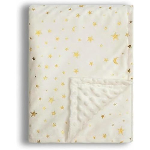 Baby Blanket for Boys Girls Soft Minky with Double Layer Dotted Backing, Star and Moon Printed 30 x 40 Inch Receiving Blanket (Beige)
