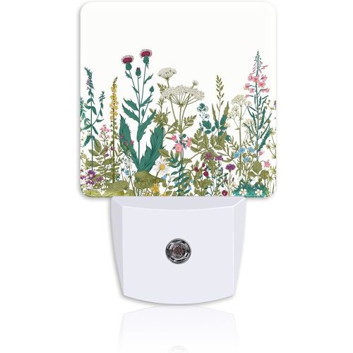 Vintage Wildflower Herbs Plug Night Light,Botanical Floral Night Light Lamp Auto Sensor Energy Efficient Dusk to Dawn Lights for Girls Boys Women Room Decor,Hallway,Kitchen,Bathroom,Nursery,Stairs