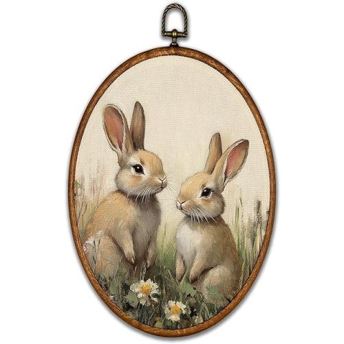 BCUANGD Vintage Bunny Oval Wall Art Decor - Retro Easter Rabbit Botanical Wall Art Canvas Frame Artwork Prints, Rustic Countryside Oval Wall Hanging Decorations for Home Farmhouse, 8.6"x11.4"