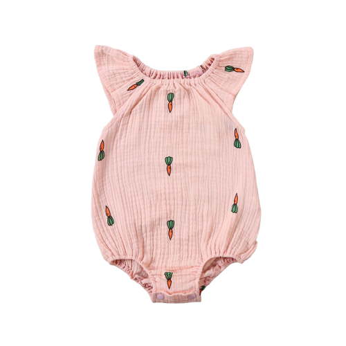 Newborn Baby Girl Cotton Linen Bubble Bodysuit Cactus Radish Cherry Print Sleeveless Romper Onesies