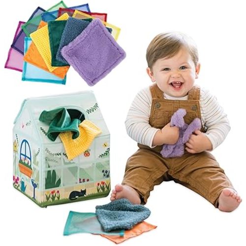 MindWare Sensory Sprouts Tissue Scarf Box - Montessori Toys for Babies 6-12 Months - Baby Tissue Box Toy - Soft Greenhouse-Shaped Tissue Box and 12 Sensory Scarves Featuring Different Textures