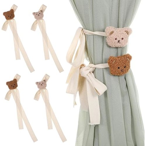 4Pcs Bear Nursery Decor Curtain Ties, Cute Cartoon Bear Curtain Tieback Holdback for House Bedroom Home Window Animal Tiebacks