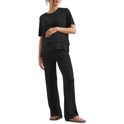 Tankaneo Womens Postpartum Maternity Pajamas 2 Piece Sets Rib Short Sleeve Nursing Tops and Elastic Waist Pants Loungewear