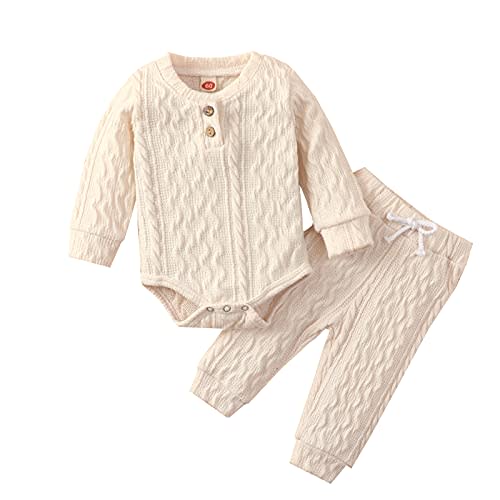 Newborn Baby Boy Girl Clothes Ribbed Knitted Cotton Long Sleeve Romper Long Pants Solid Color Fall Winter Outfits