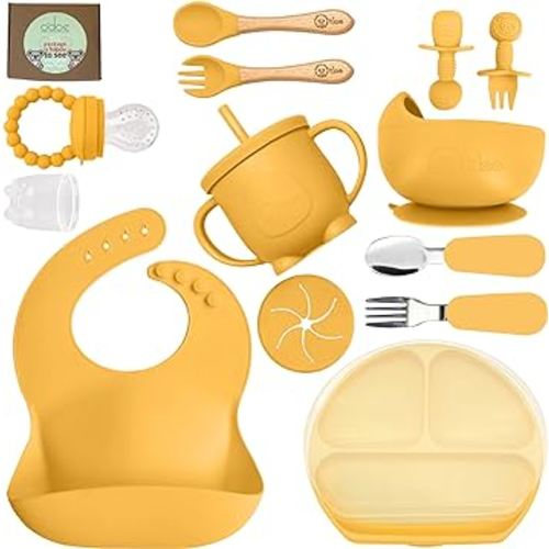 O'doe 17-Pcs Silicone Baby Feeding Set – Baby Led Weaning Supplies with Suction Plates for Toddlers, Baby Plates and Bowls Set (Yellow, V2)