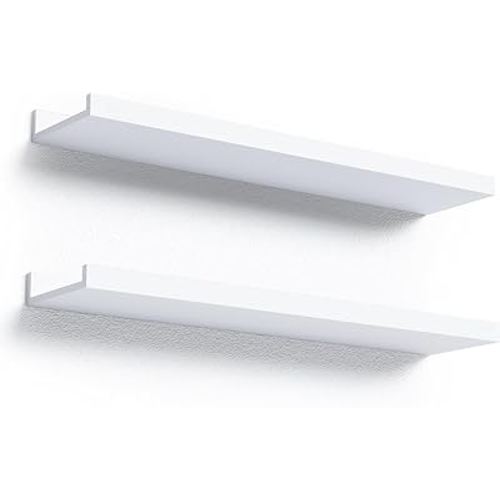 24 Inches Long Floating Shelves Wall Mounted, 2 Set Modern White Wall Shelf for Bedroom, Nursery Book Shelf with Lip, Picture Ledge Shelf for Wall Decor Living Room Bathroom Kitchen - White