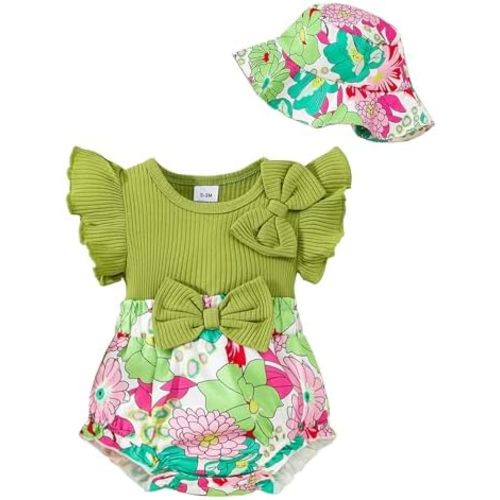SUNNY PIGGY Newborn Baby Girl Clothes Summer Sleeveless Jumpsuit One Piece Rompers and Hat Set Cute Bow Floral Outfits