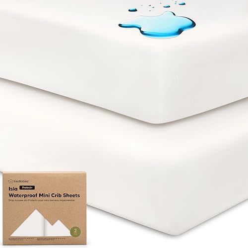 2-Pack Waterproof Pack and Play Sheets, Mini Crib Sheets Fitted for Boy, Girl - 38 x 26 Viscose From Bamboo Pack N Play Mattress Sheets for Graco, Toddler Playard Baby Crib Sheets Neutral (Soft White)