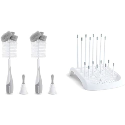 Munchkin® Sponge™ Bottle Brush, Grey, 2 Count (Pack of 1) & Fold™ Baby Bottle Countertop Drying Rack, White