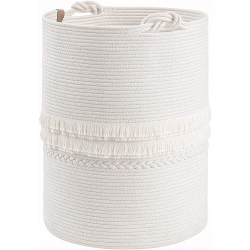 CherryNow Baby Laundry Hamper for Nursery, Tall Laundry Basket for Laundry Room, White Woven Storage Basket for Clothes, Toys, Towels, 16 x 22 inches, 69L