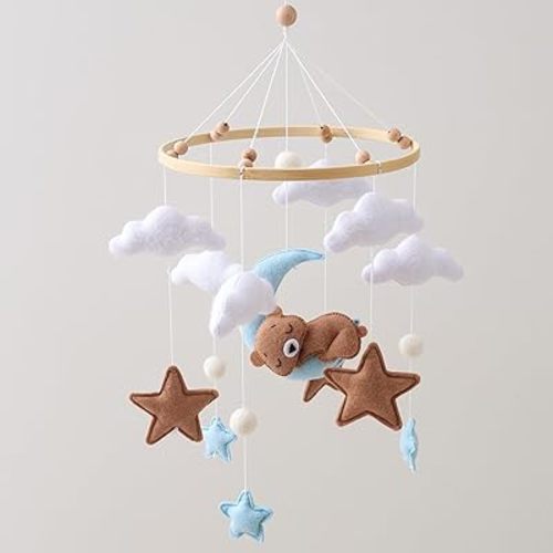 GOODMOM Sleeping Bear Baby Crib Mobile Handmade Soothing Bedtime Baby Mobile for Crib Felt Night Mood Nursery Decor for Baby Boy&Girl Easy Assembly & Durable Newborn Gift (Moon Bear) (Blue)