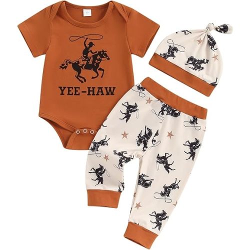 SAYOO This Is My First Rodeo Country Cowboy Funny Infant Baby Boy Bodysuit Long Pants Hat 3Pcs Western Coming Home Outfit