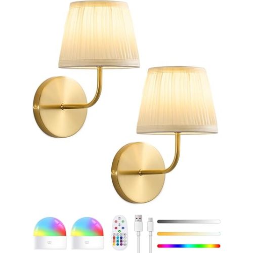 Rechargeable Wall Sconces Set of 2 - 5200mAh Cordless Battery Operated Wall Sconce - Fabric Lamp Shade - Gold Brass LED Light Fixture with Remote for Bedroom Bedside Living Room Stairway Hallway Porch