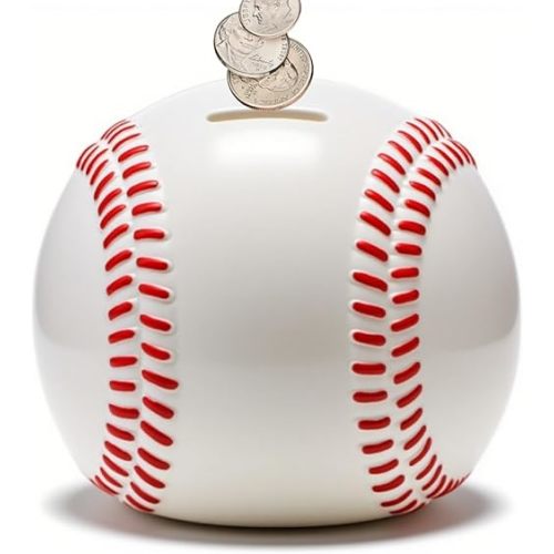 6.3" Baseball Piggy Bank, Shatterproof Baseball Shape Coin Bank, White Sports Themed Money Box for Saving Money, Money Storage Container for Boys Girls Adults, Bedroom Decor