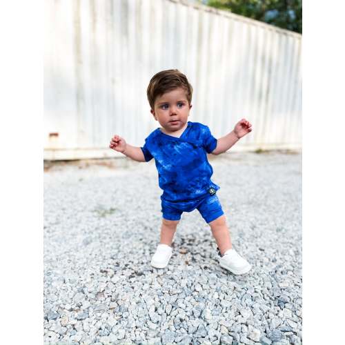 Wrap-A-Roo™ Wrap Opening Shortie Romper in Marbled Sapphire