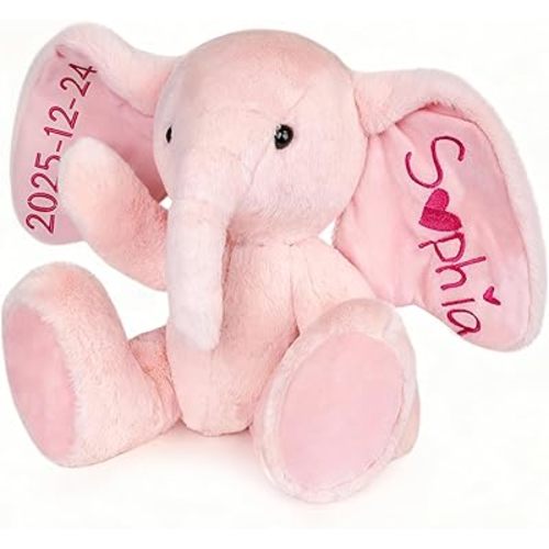Personalized Elephant Stuffed Animal Baby Gift – Custom Plush with Name & Date Embroidery, Poseable Limbs – Soft Newborn Keepsake for Boys & Girls, First Birthday & Easter Toy(Pink)